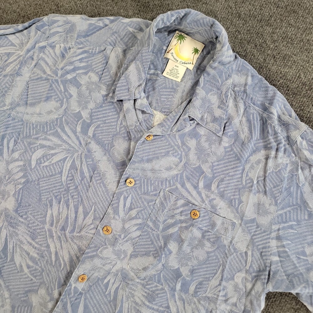 Banana Cabana Mens L Blue Silk Hawaiian Shirt Floral Island Print